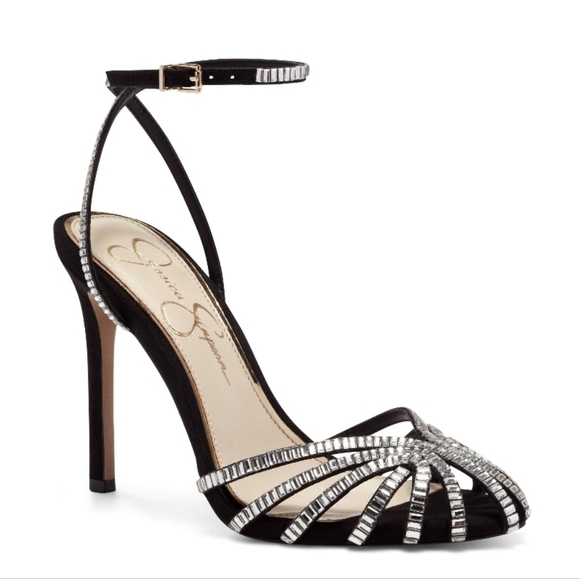 Jessica Simpson Jileta Ankle Tie Wrap Strappy Crystal Dressy Black Heels Size 7 - Picture 1 of 9